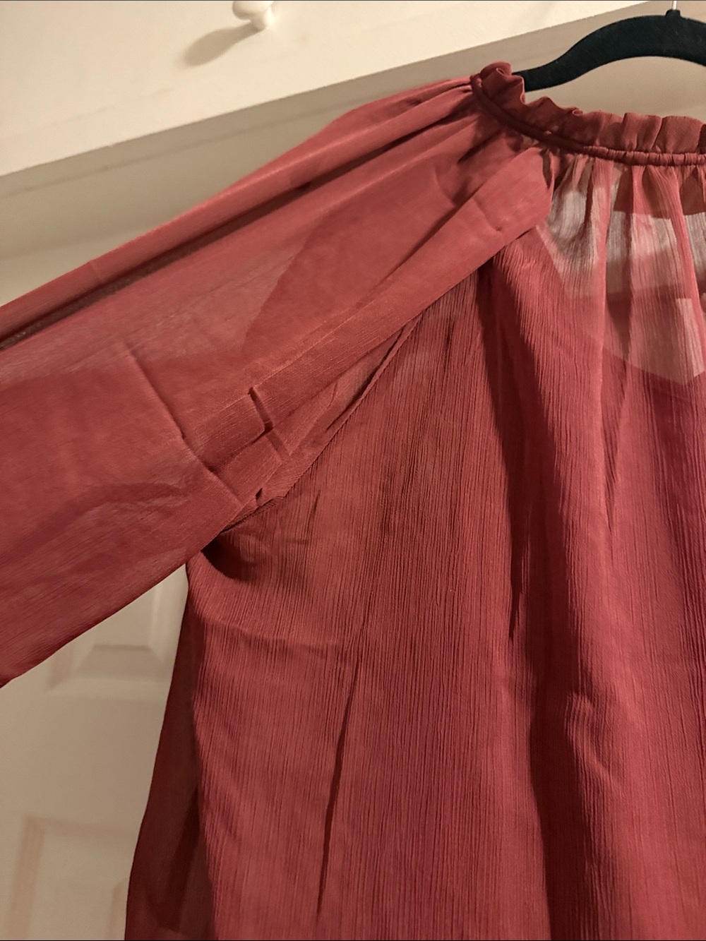 MELLODAY Burgundy Sheer Ruffle Tie-Neck Blouse NWT Size L - Picture 7 of 9